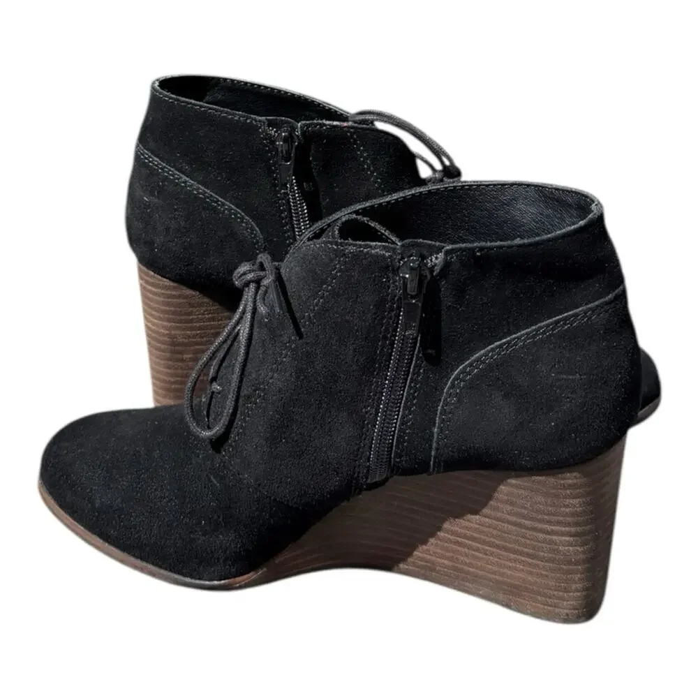 Lucky Brand Shylow Black Wedge Booties Size 10M Laces Zipper Leather Shoes Suede